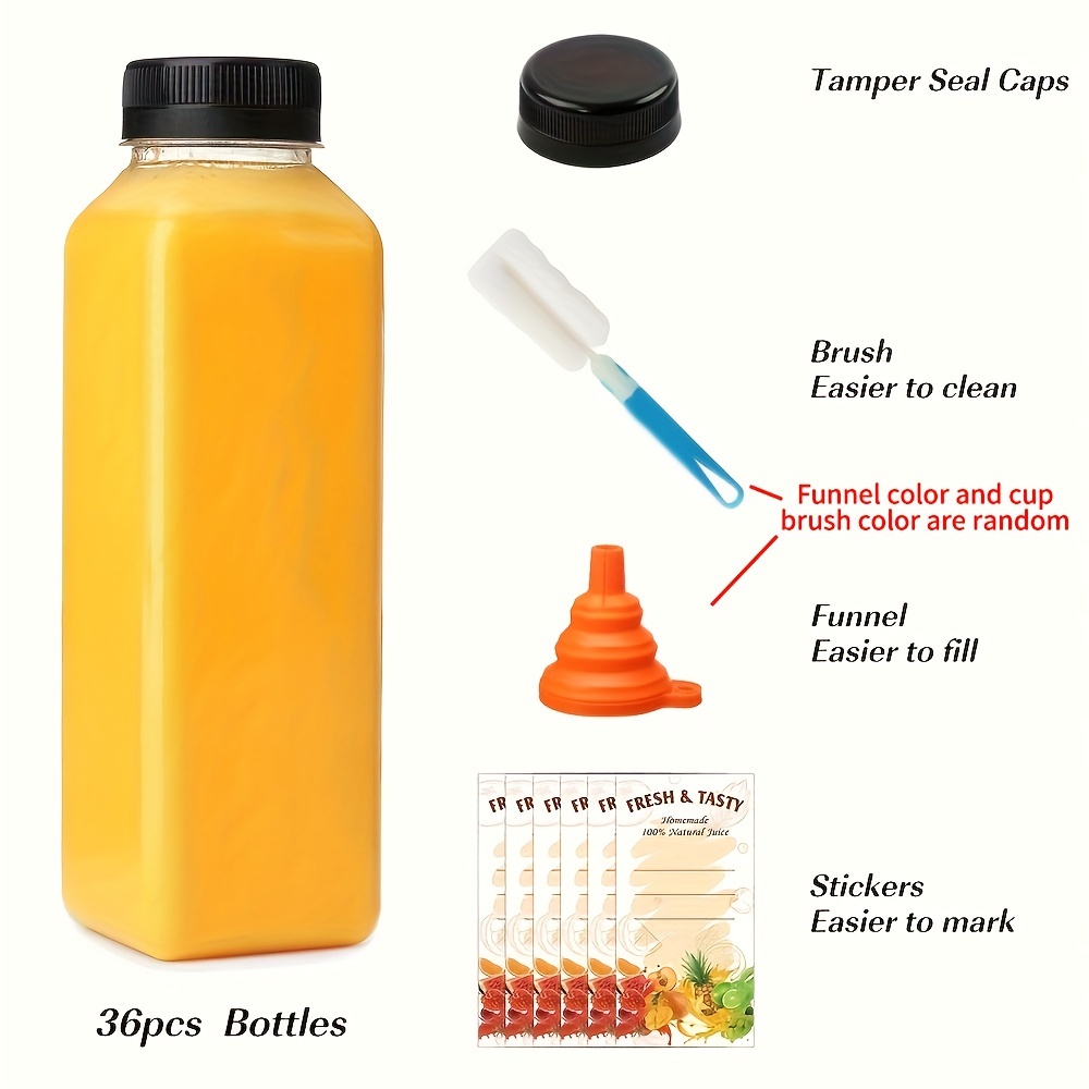 French Countryside 16 Ounce Juice Bottles, 10 Square Juicing Bottles - with Tamper-Evident Caps, Reusable, Clear Glass Juicing Storage Bottles, for