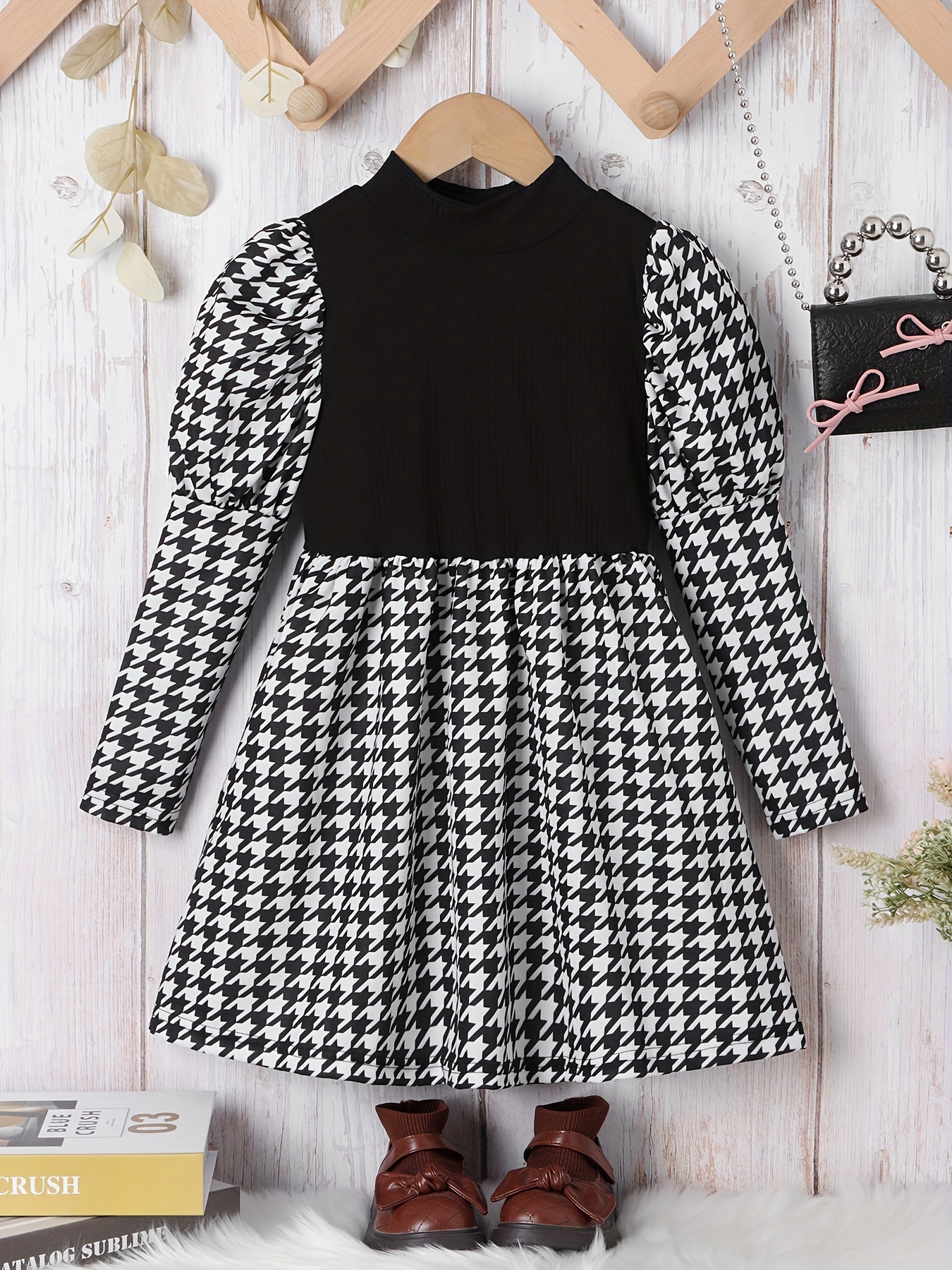 Girls Mock Collar Long Sleeve Houndstooth Dress Kids Clothes Fall Winter  Outfits - Kid's Fashion - Temu