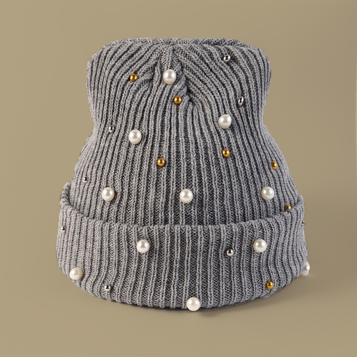 Faux Pearl Beanie Hat Classic Winter Warm Knitted Hat For Women