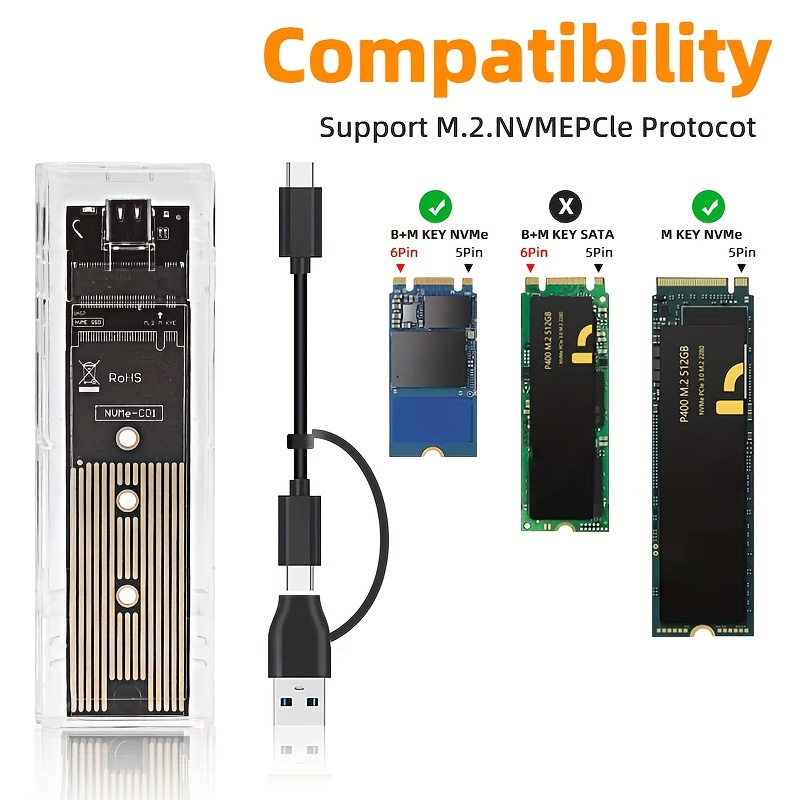 M2 SSD Case to USB Type C 3.1 Dual NVME PCIe NGFF SATA External m.2  Enclosure
