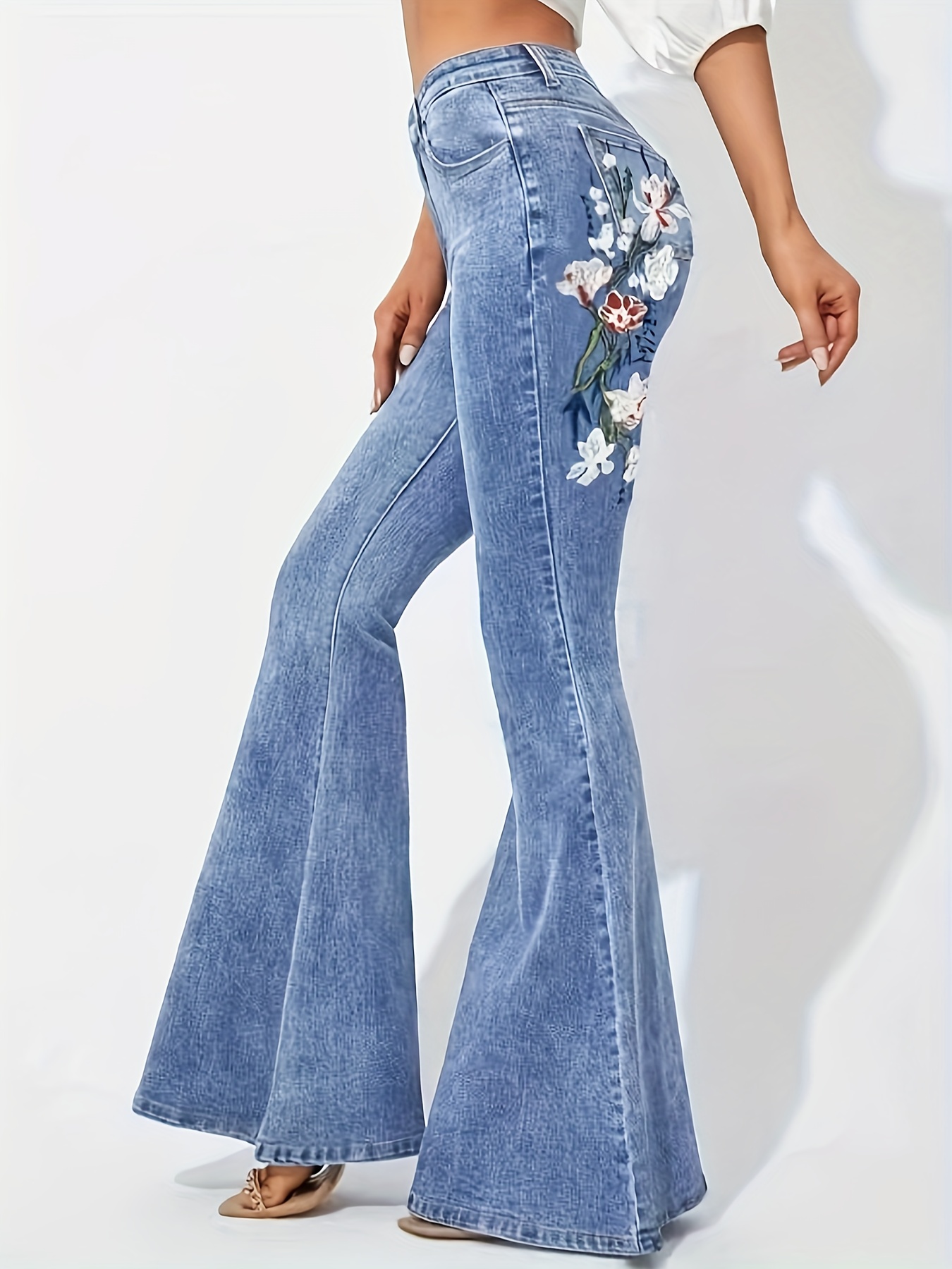 Floral Embroidered Decor Flare Jeans, Slant Pockets High Stretch Bell  Bottom Jeans, Women's Denim Jeans & Clothing
