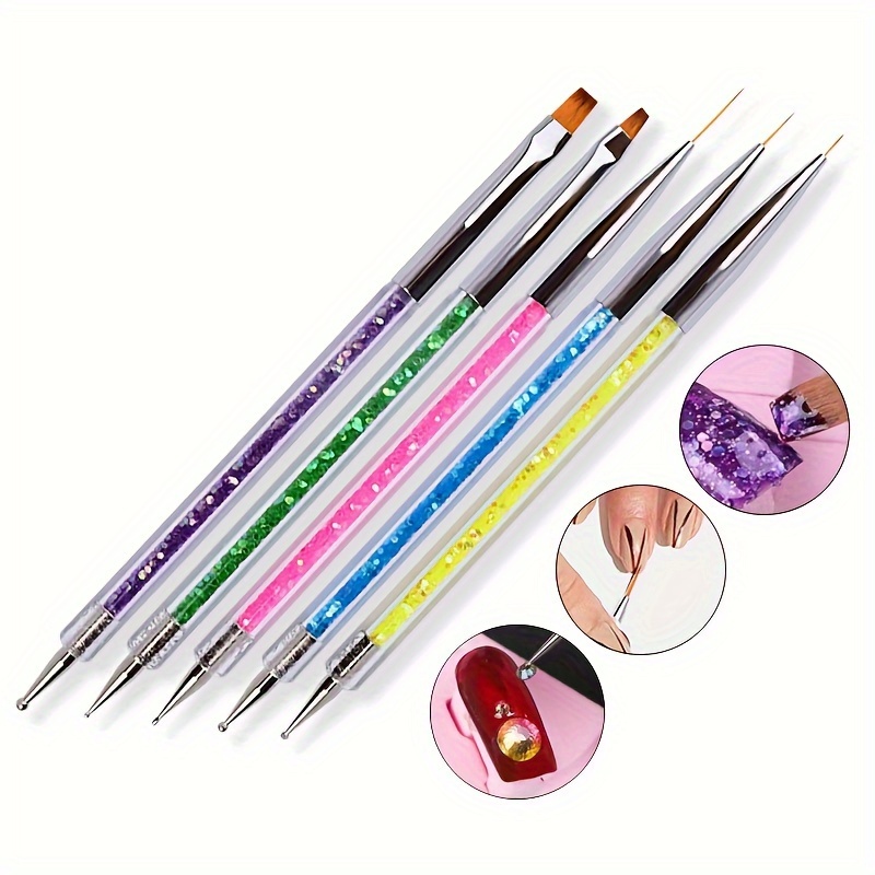 

5 Pcs Nail Art Brushes, Double-ended Brush And Dotting Tool Kit, Nail Pen Set With Shiny Handles, Easy To Use Professional Liner Tools