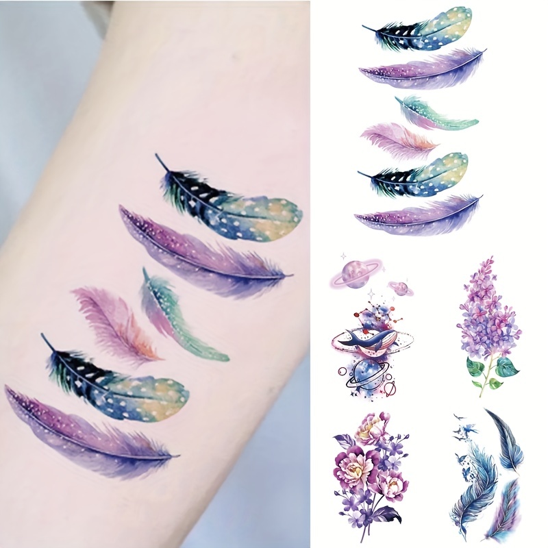 5 pcs Colorful Fantasy Feathers Waterproof Temporary Tattoo Sticker for  Body Art - Unique Watercolor Universe Design for Women and Men