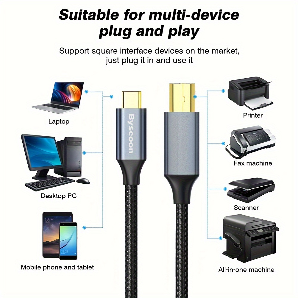 Câble d'imprimante USB 2 en 1 3.28ft / 1m avec câble d'imprimante USB C  vers Midi, câble USB Midi USB C à U