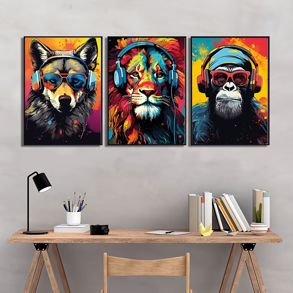 

3pcs Canvas Poster, Modern Art, Earphone Animal Tiger Wolf Chimpanzees Gaming Funky Painting, Ideal Gift For Bedroom Living Room Corridor, Wall Art, Wall Decor, Fall Decor, Room Decoration, No Frame