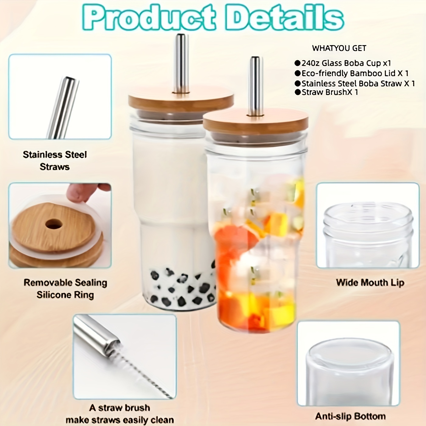 Glass Tumbler With Bamboo Lid And Straw, 32 Oz Iced Coffee Cup With Handle,  Glass Water Bottles With Silicone Sleeve, Two Straw - Boba Straw & Drinkin