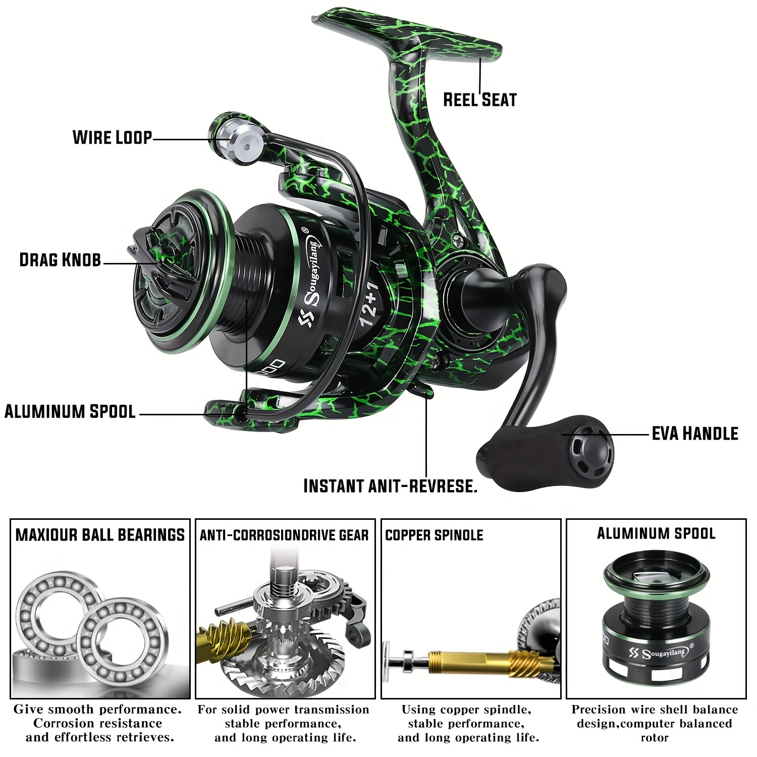 Sougayilang Spinning Fishing Reel 12+1BB 5.2:1 Gear Ratio Fishing Reel  Metal Handle And Spool For Freshwater Saltwater Fishing Tackle