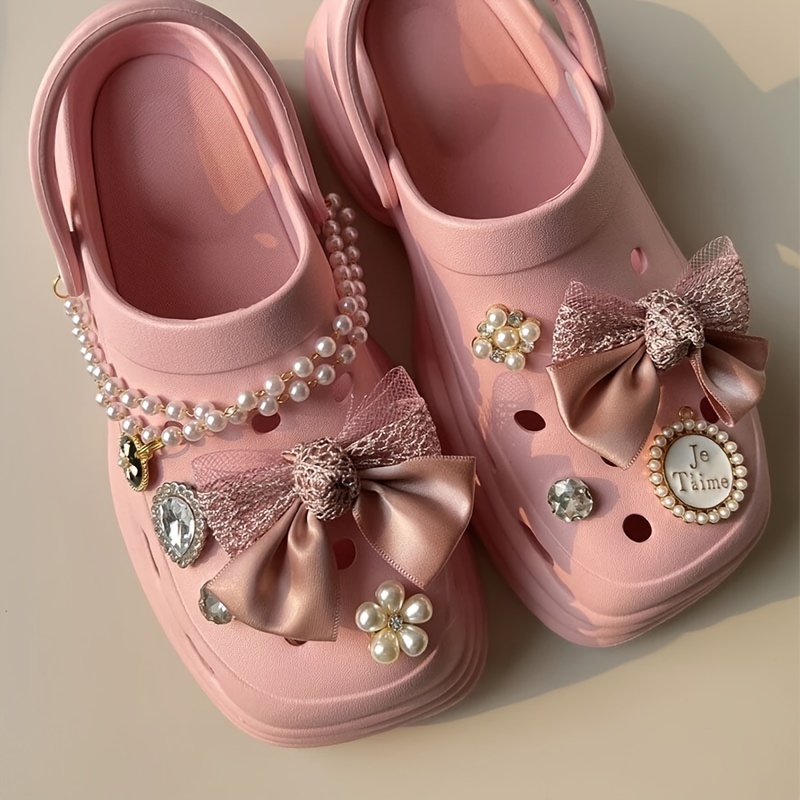 Bling Rhinestone Bow Croc Charms For Women Girls,Faux Pearl & Bow Decor  Shoe Decoration With Peal Chain,Fashion Pink Shoes Accessories.Bowknot Bow  Tie