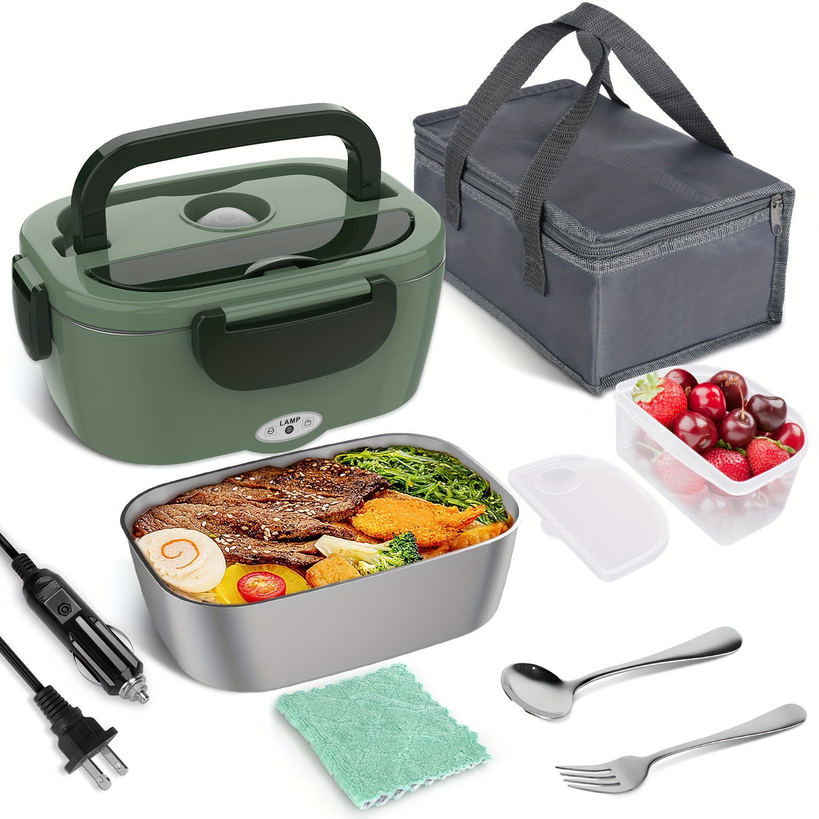 3 in 1 Electric Lunch Box Food Heater 12/110V Portable Lunch Warmer  Upgraded Leakproof Heated Lunch Box for Car/Truck/Office with SS fork &  Spoon and Insulated Carry Bag