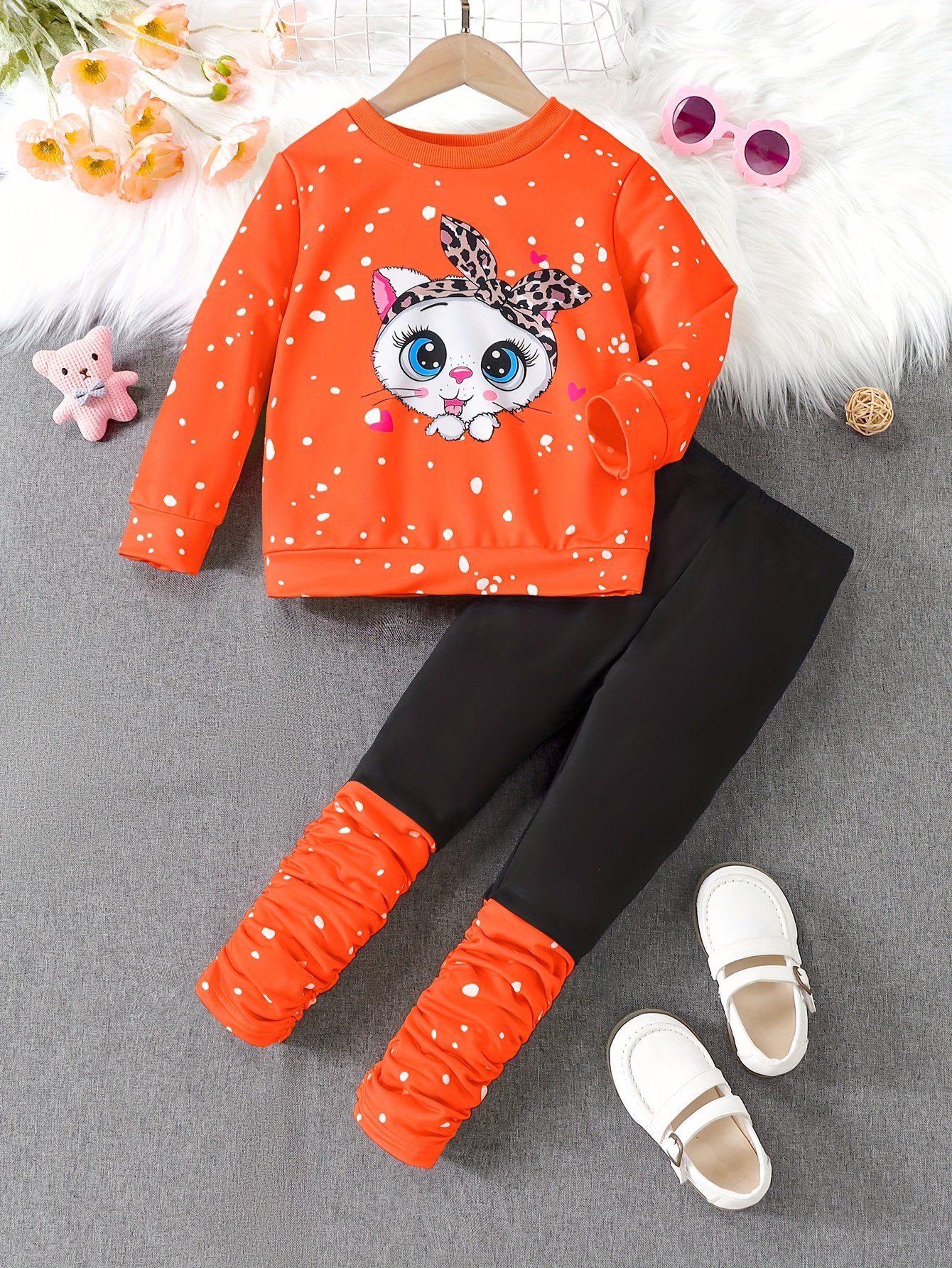 Girl's Cartoon Glasses Cat Pattern Sweatshirt Pants Set - Temu Canada