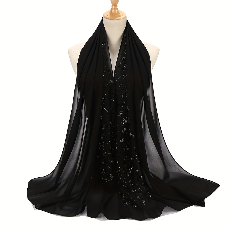 Chiffon Scarf Rhinestone Leaf Decor Hijab Classic Shawl