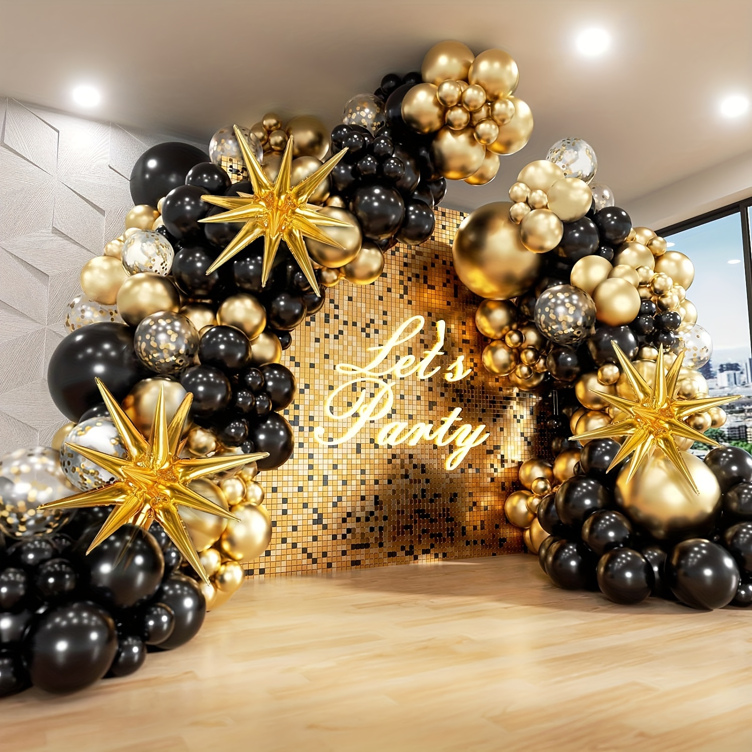 Happy New Year Decorations 2024 Balloons, Black and Champagne gold Gold  Balloon Garland Foil Fringe Curtain Black and Silver Explosion Star Foil