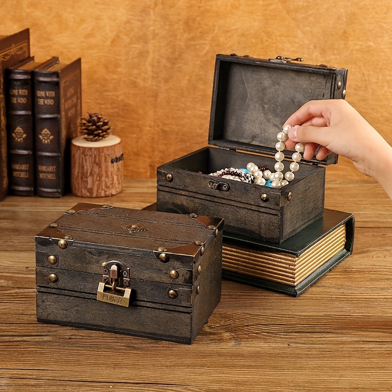 Caja de almacenamiento de dinero de madera, cofre del tesoro, hucha hecha a  mano, organizador de joyas con cerradura y dos llaves