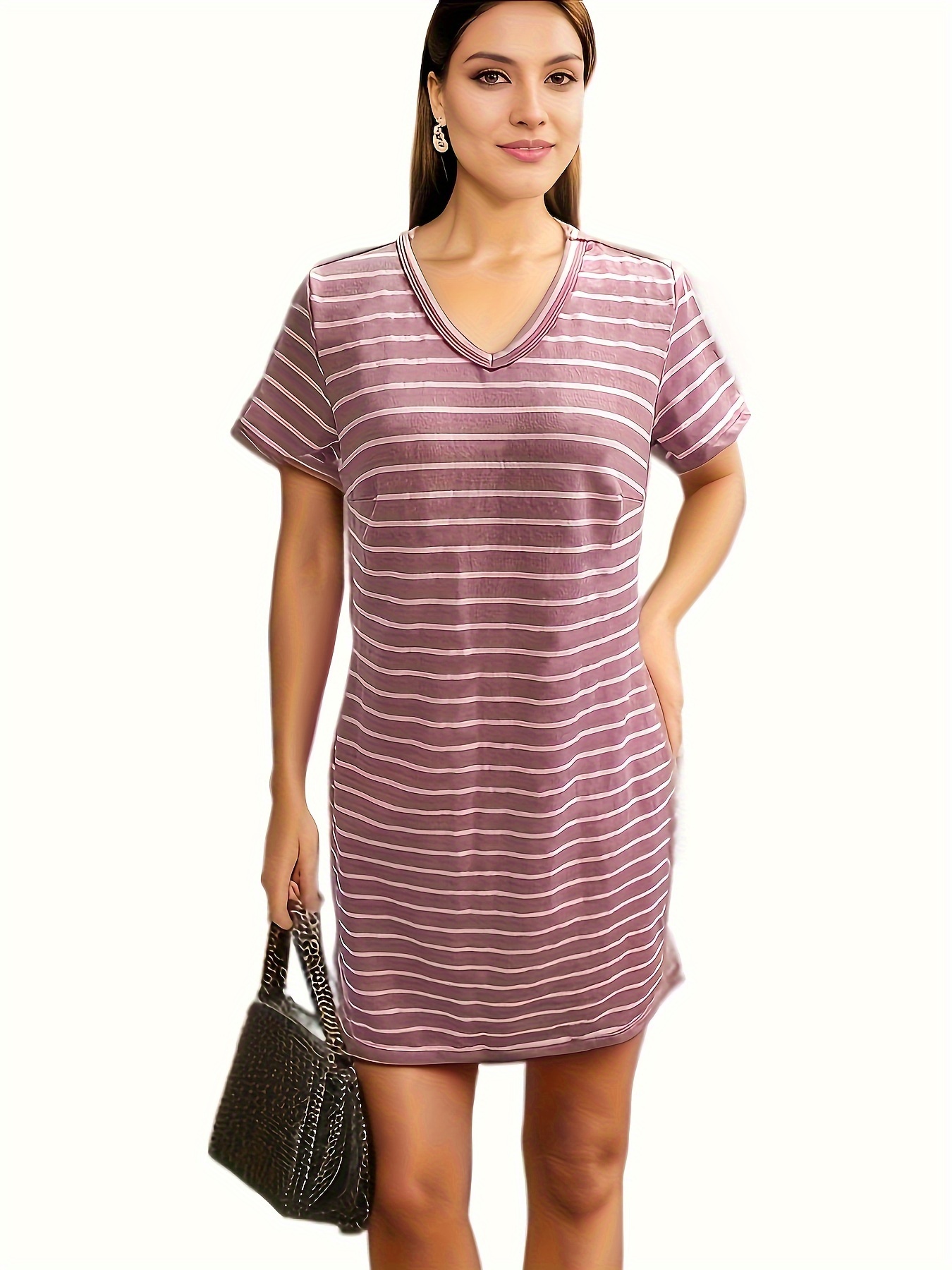 Striped Print Simple Dress, Casual V Neck Short Sleeve Dress, Women's  Clothing - Temu