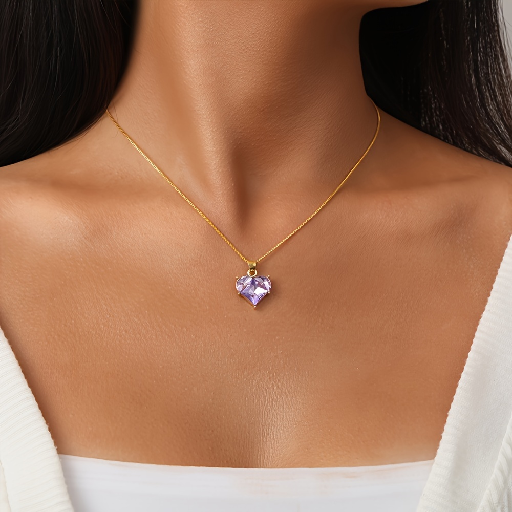Shiny Purple Heart Zirconia Earrings Necklace Set Elegant - Temu