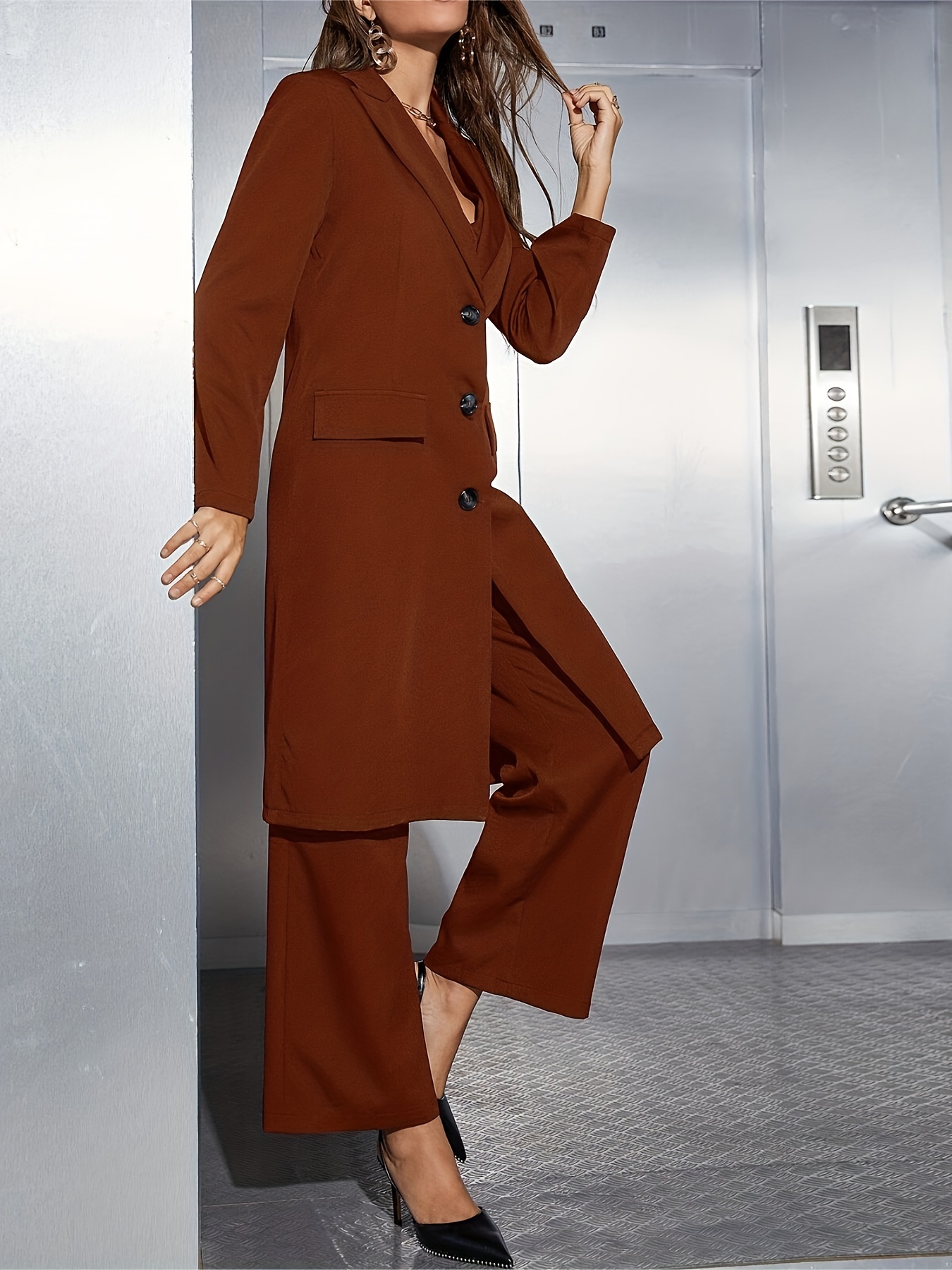 Long Length Blazer Sleeveless Vest Wide Leg Pants Outfit