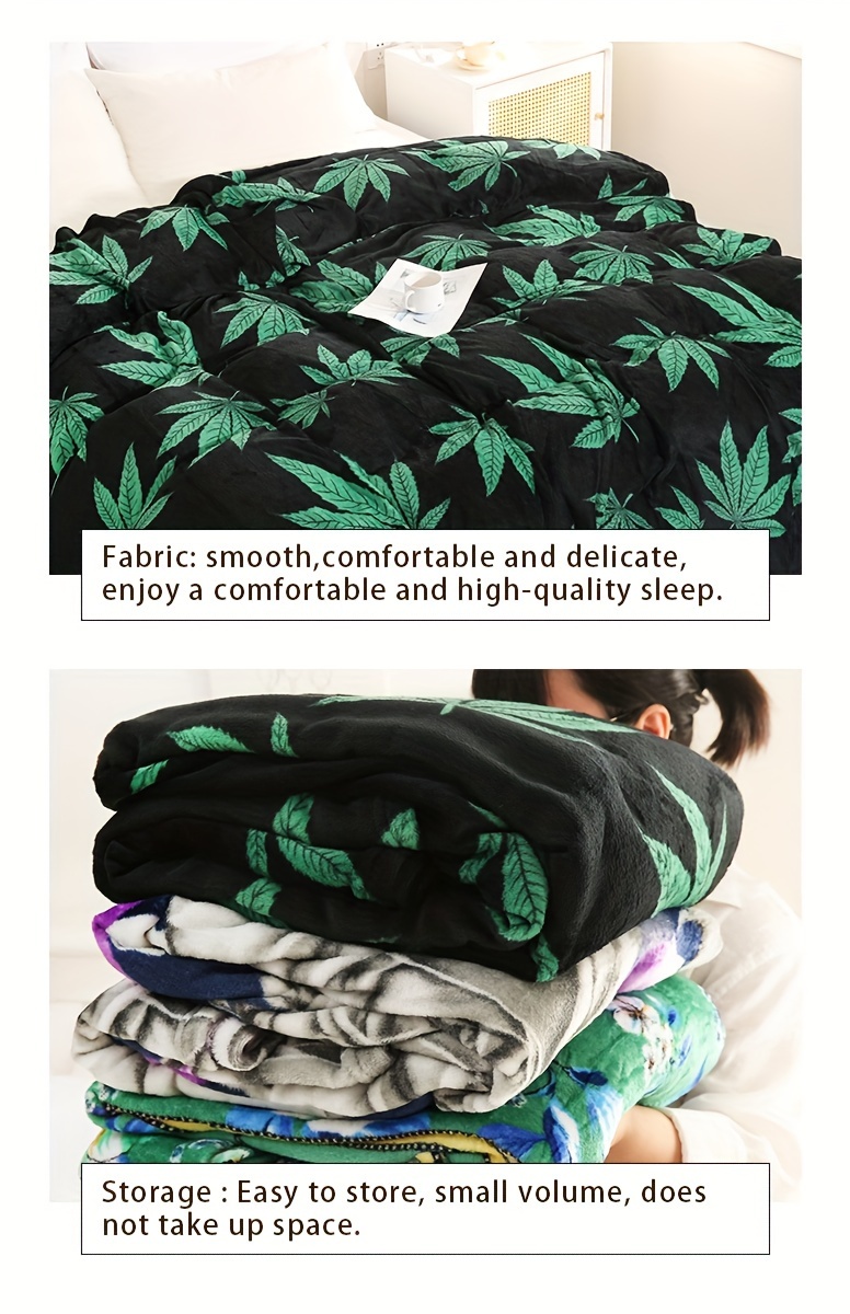 1pc   style marijuana leaf print flannel blanket soft warm knitted throw for couch sofa office bed camping travel machine washable     polyester 180 200gsm details 0