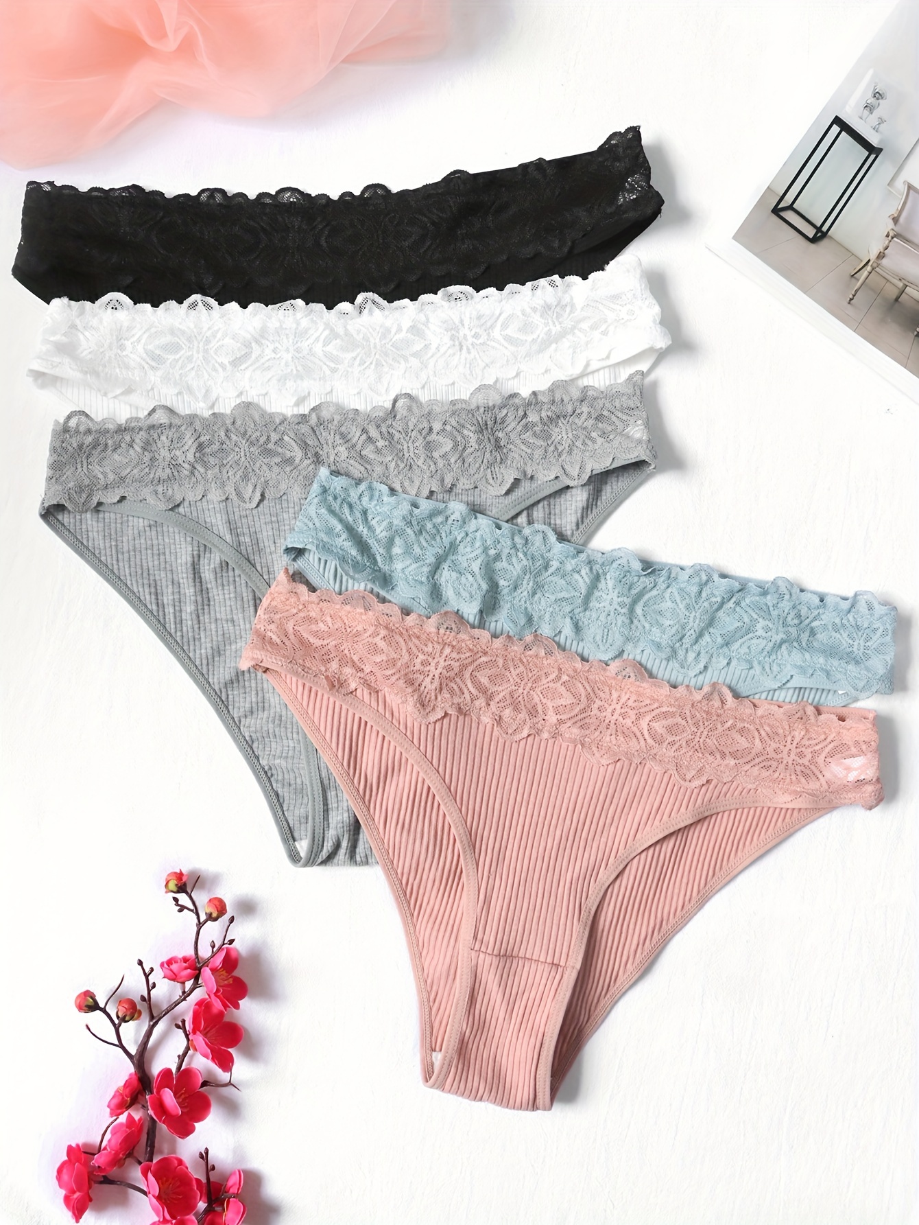 5pcs Women's Elegant Panties Set, Plus Size Contrast Lace Ribbed Close  Fitted High Stretch Briefs
