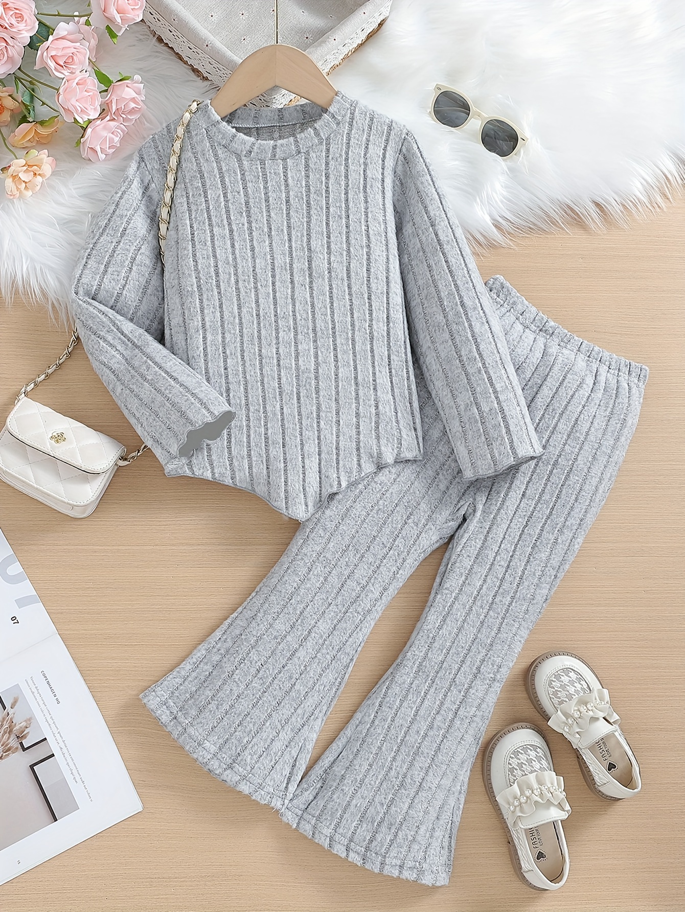 Girls Long Sleeve Crew Neck Solid Knitted Sweater＋solid - Temu