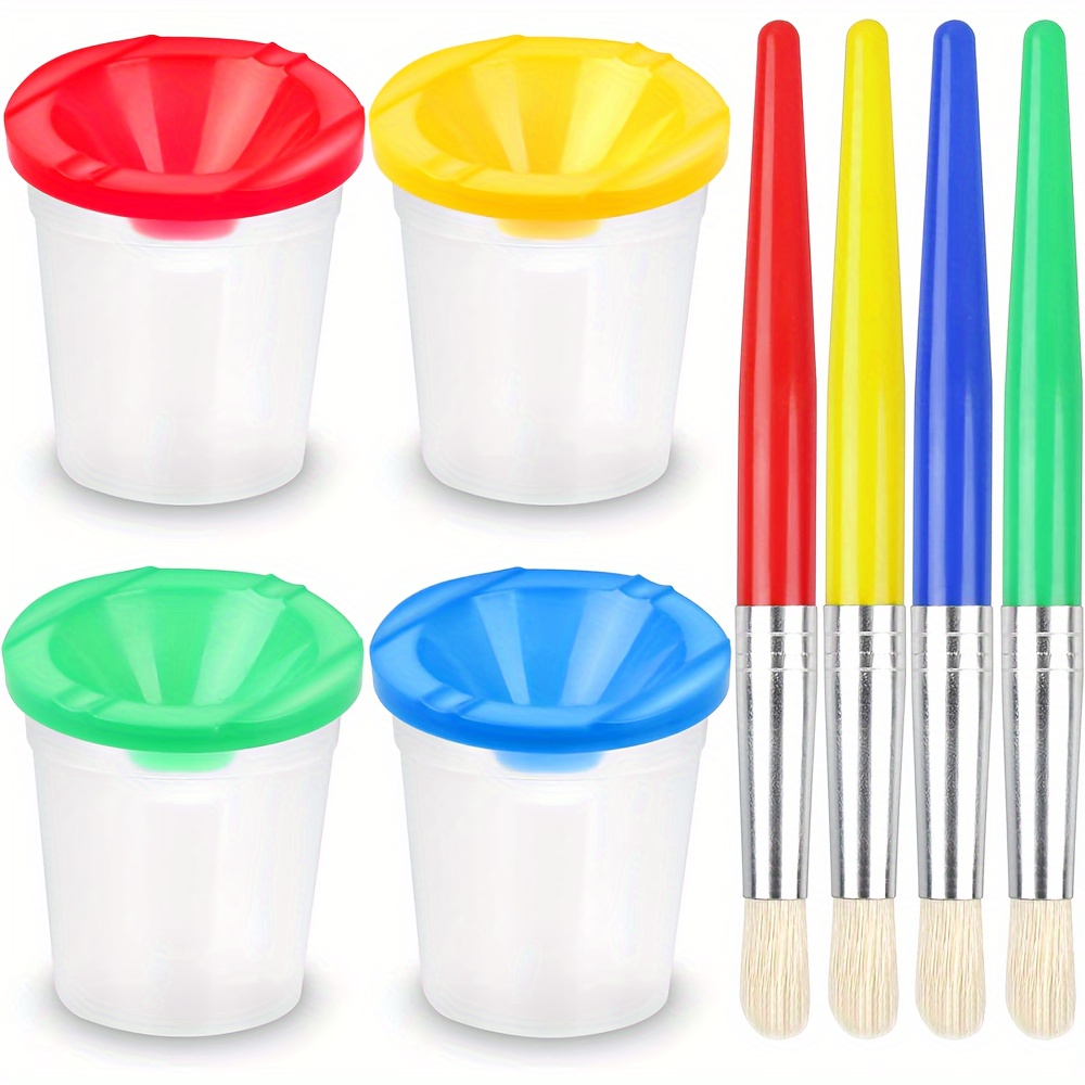 

4pcs Spill Proof Paint Cups With Pastel Color Lids With 4pcs Paint Brushes, Great Painting Tools