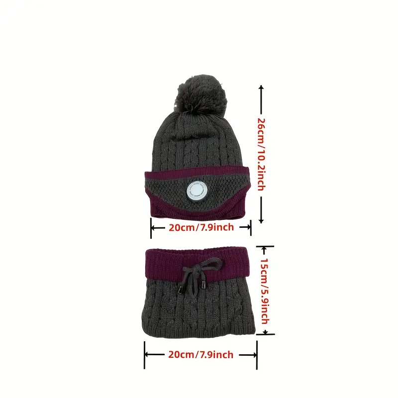 3-teiliges Set für Damen, kuschelige Strickmütze mit Bommel, abnehmbare Gesichtsmaske, Kapuzenschal, dicker elastischer Polyester-Halswärmer mit Ohrenschutz, Details für kaltes Wetter, 3
