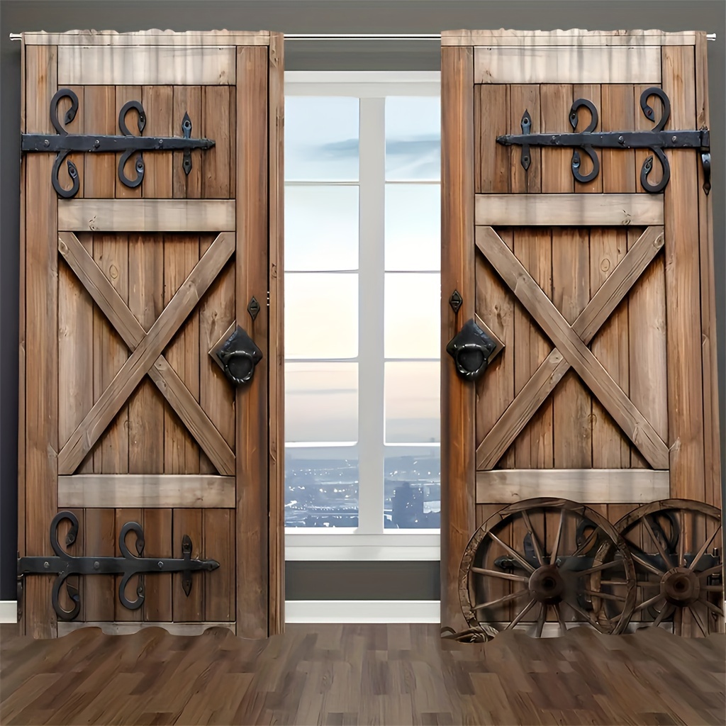 Ambesonne Cortinas rústicas de cocina, puerta de granero de madera vieja  con artículos de naturaleza en el techo, pueblo, ciudad, vida rural