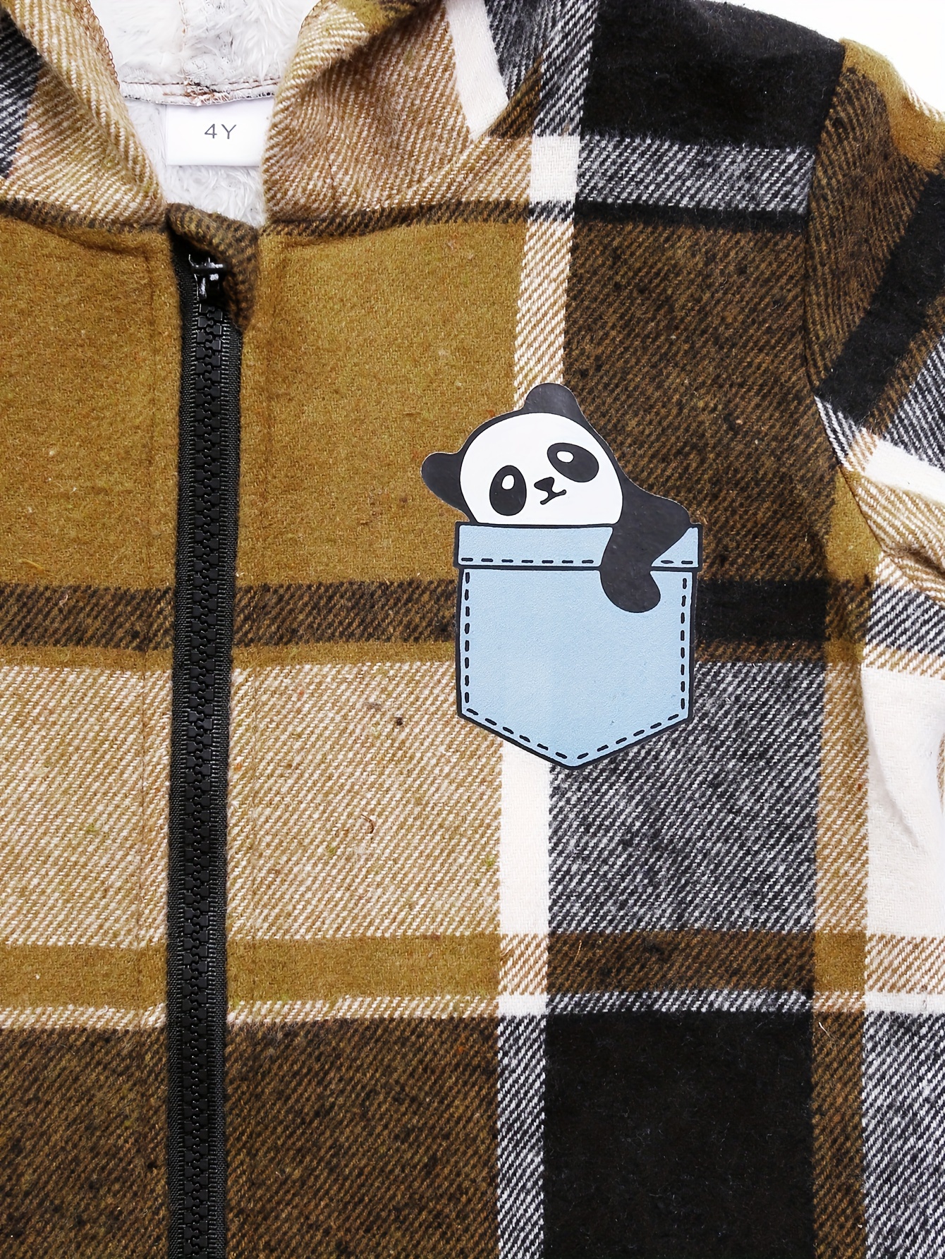 Kid's Plaid Pattern Fleece Lining Jacket Cute Panda Pocket - Temu