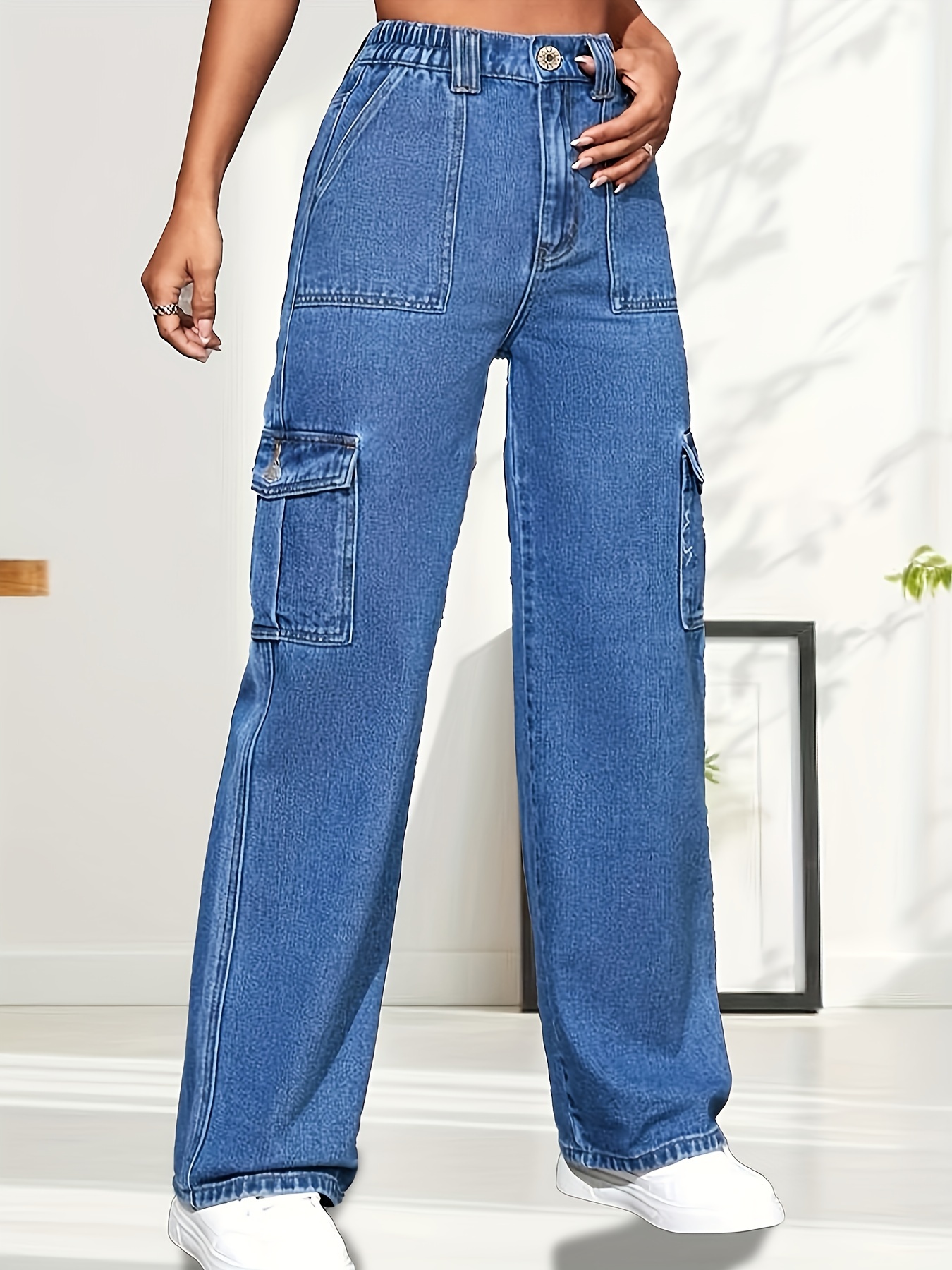 Blue Embroidered Pockets Bootcut Jeans *-Stretch Slim Fit Flap Pockets  Denim Trousers, Women's Denim Jeans & Clothing