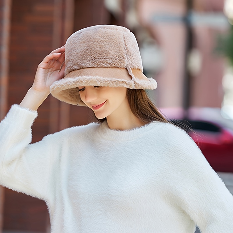 2023 Luxury Fluffy Faux Fur Bucket Hat Women Imitation Fur Warm