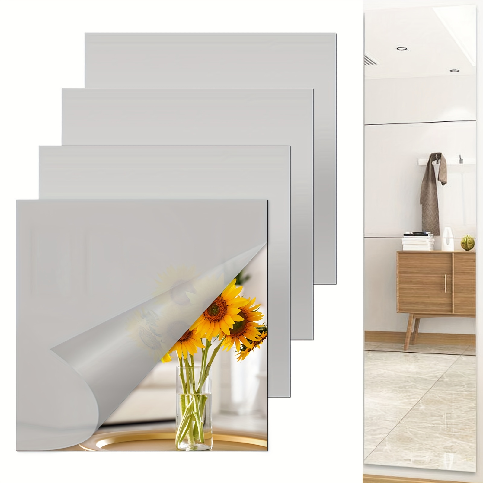 4pcs Acrylic Mirror Sheets Flexible Non Glass with 16pcs Self