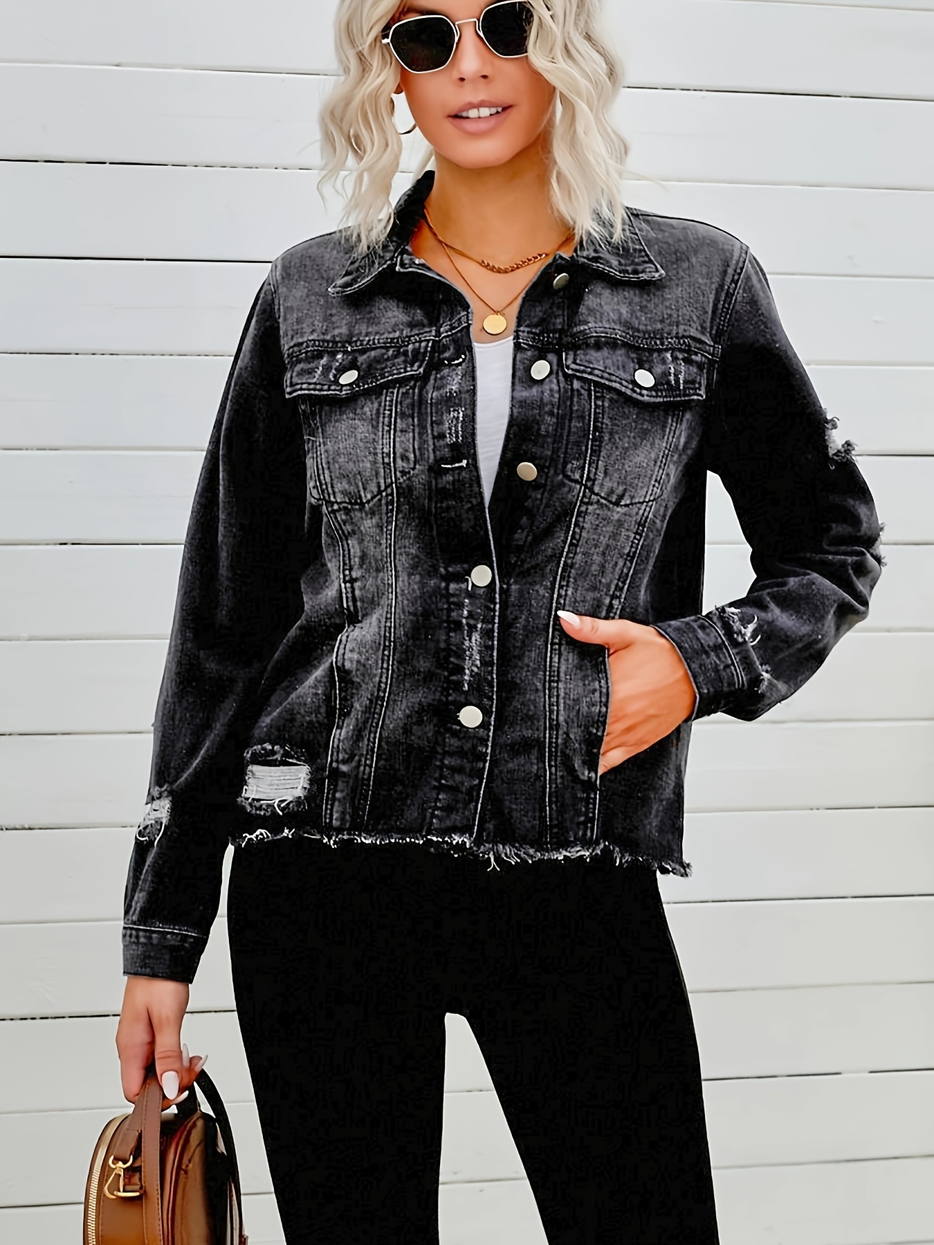 Blue Long Sleeves Denim Jackets Ripped Holes Non stretch - Temu Canada