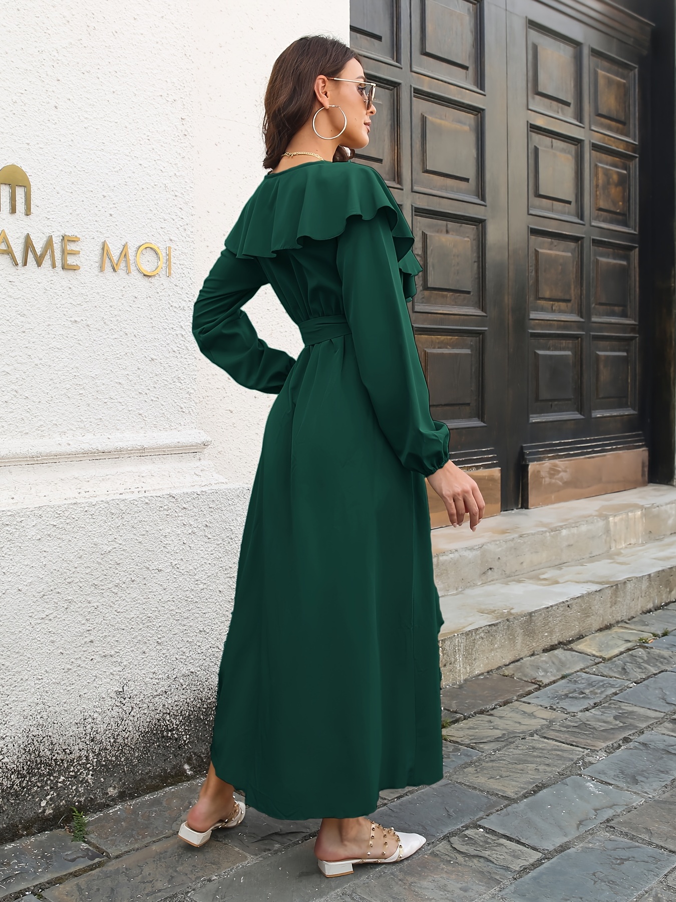 Hunter Green V-Neck Maxi Dress With Long Sleeve And Slit