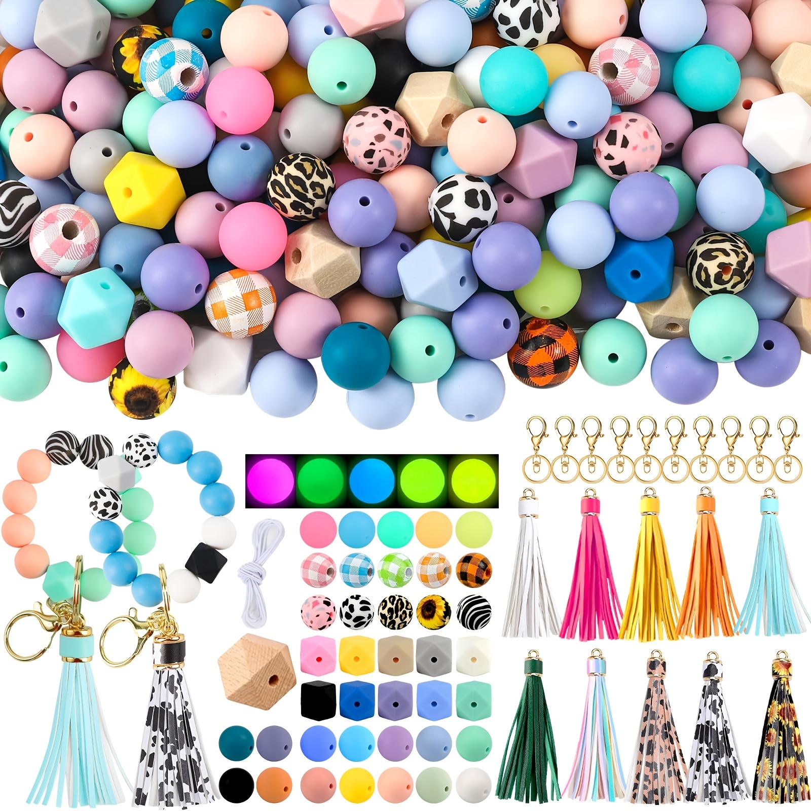 112 Pcs Silicone Beads, 15mm Round Silicone Beads and 17mm Polygonal  Silicone Beads for Keychain Making, Rubber Silicone Loose Beads Bulk for  Necklace