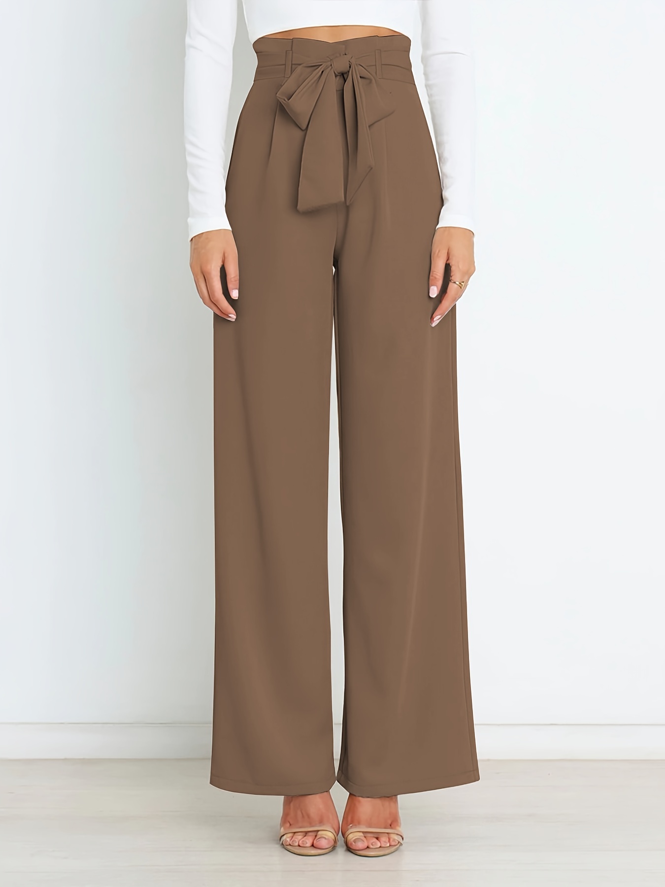 Solid Pocket Long Length Wide Leg Pants Mature Straight - Temu Canada