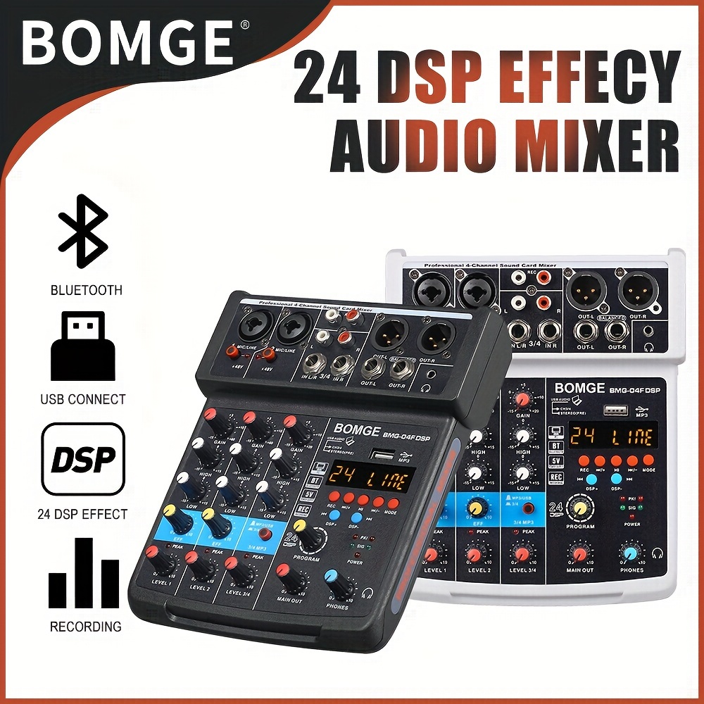 BOMGE 4 Channel DJ Bluetooth Audio Mini Mixer with Effects, USB, White