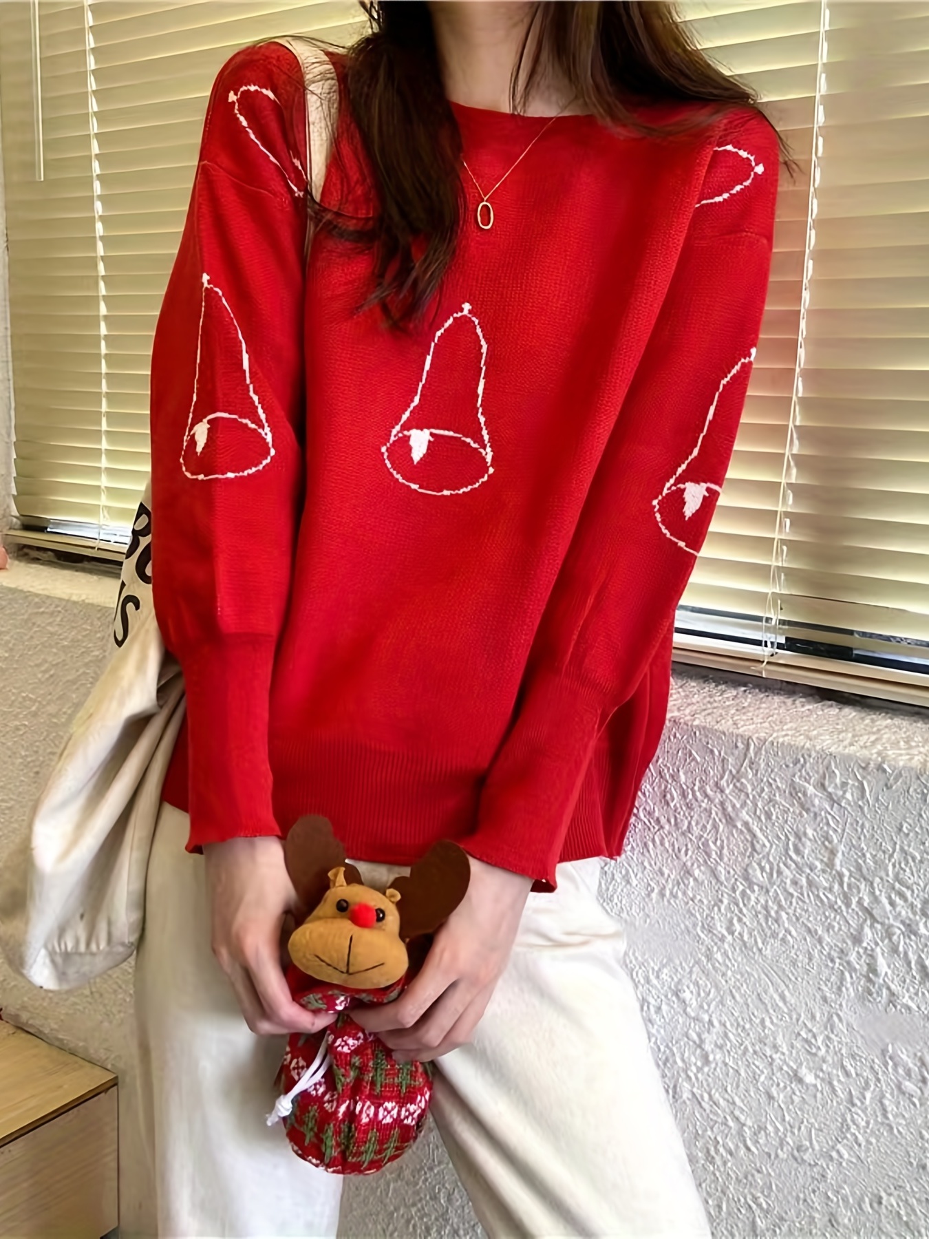 Christmas Bell Pattern Sweater Vintage Long Sleeve Crew Neck
