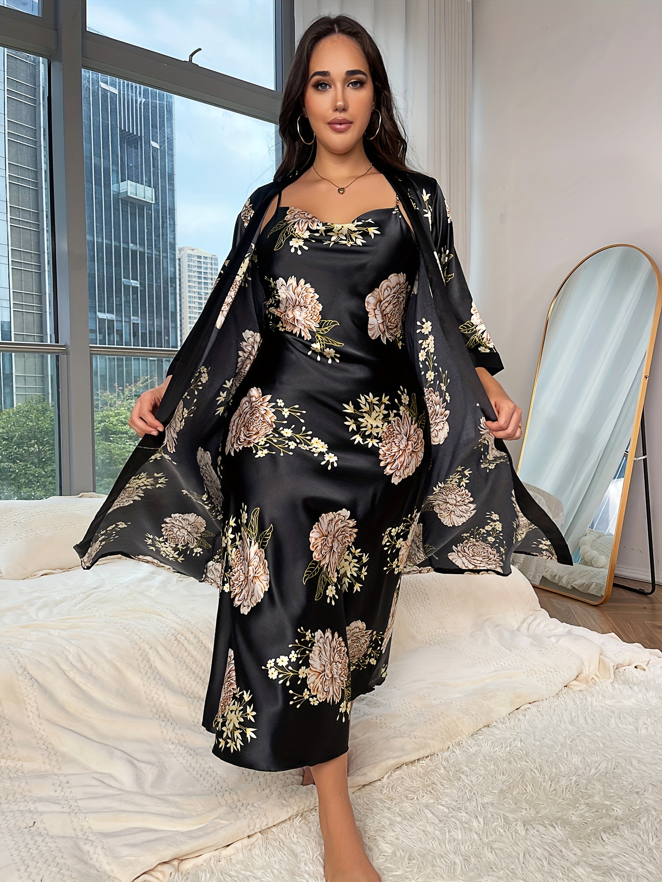 Plus Size Elegant Bathrobe Set Women's Plus Floral Print - Temu Canada