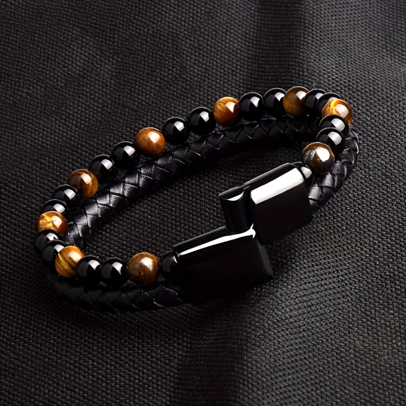 Icon, Black Leather, Onyx & Tiger's Eye Double Bracelet, In stock!