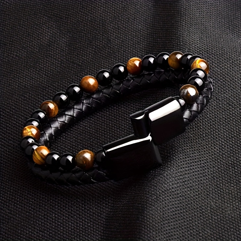 Double Layer Leather Braided Bracelet, Natural Tiger Eye Stone