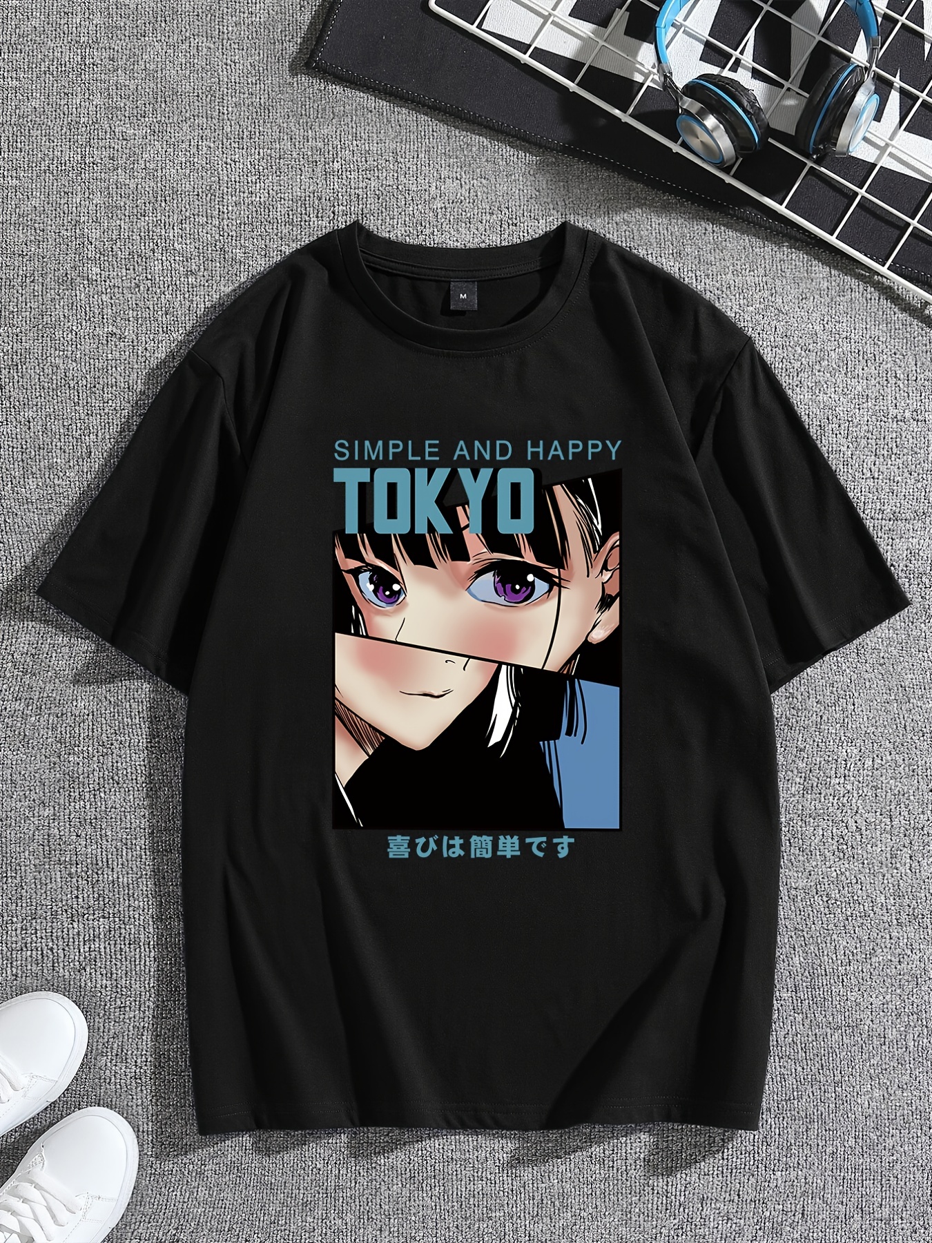 Mens Casual Crew Neck Short Sleeves Anime Character Print T Shirt