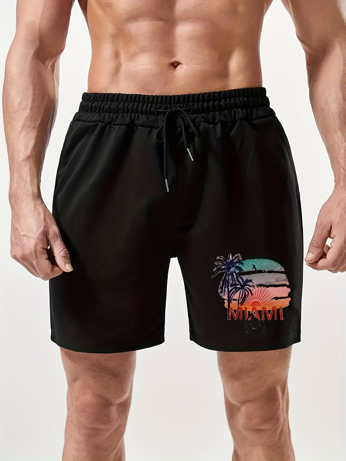 Mens Miami Print Casual Sport Drawstring Shorts, Save Money On Temu
