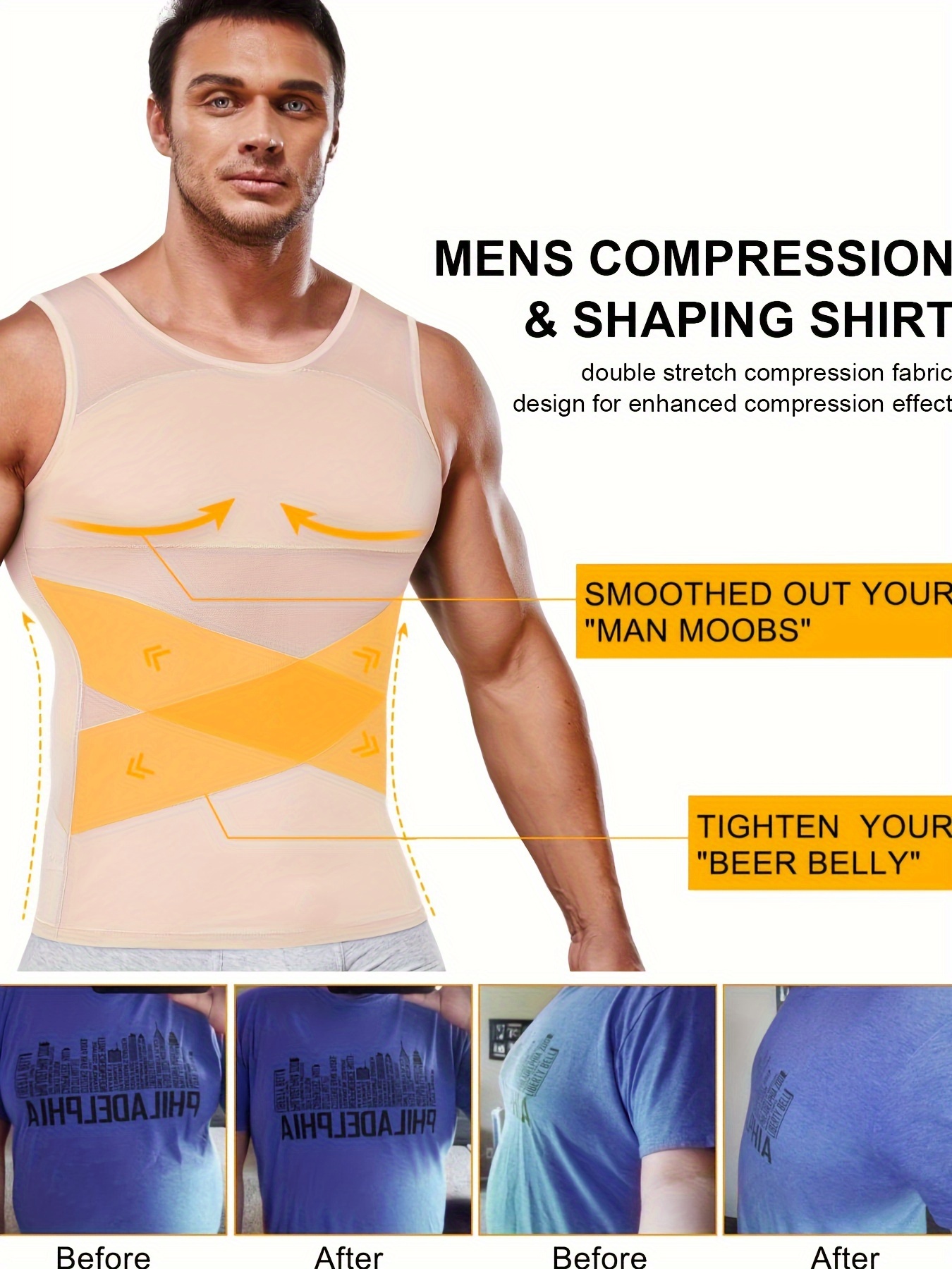  Mens Compression Shirt For Body Shaper Slimming Vest Tight Tummy  Underwear Tank Top Beige