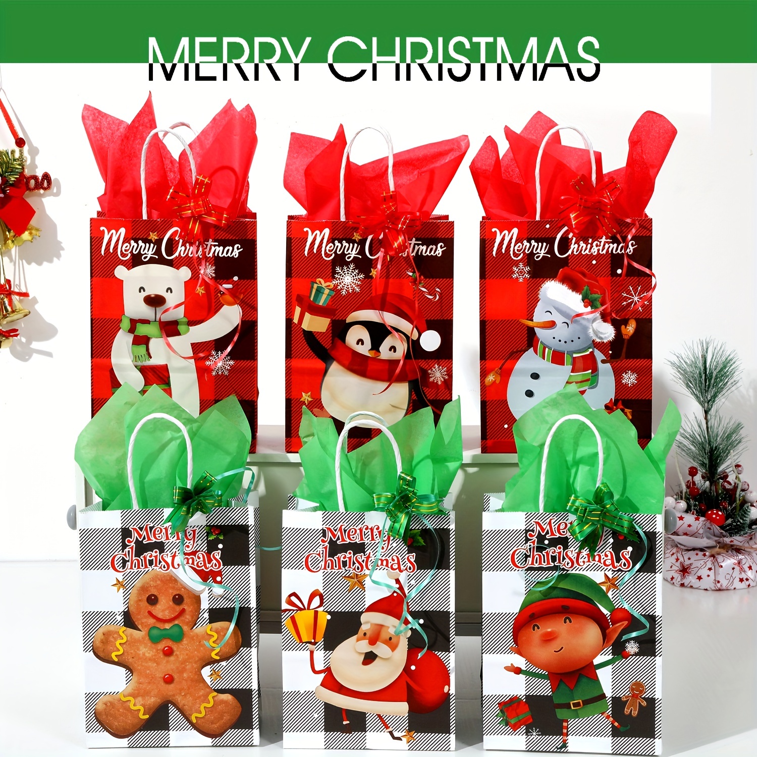 6pcs, Christmas Merry Theme Gift Bag Set, Complete With 12PCS Large Sized Thin Paper Wrapping Papers (6 In Red And 6 In Green), And 6PCS Ribbon Bows For All Scenarios, Christmas Deocrations, Navidad, Shopping Bag, Party Bag, Small Business Supplies