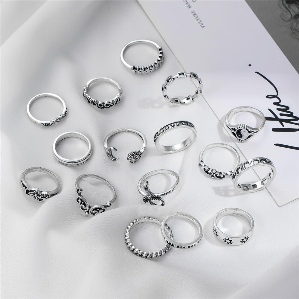16pc Vintage Stackable Sun Moon Snake Leaf Ring Set