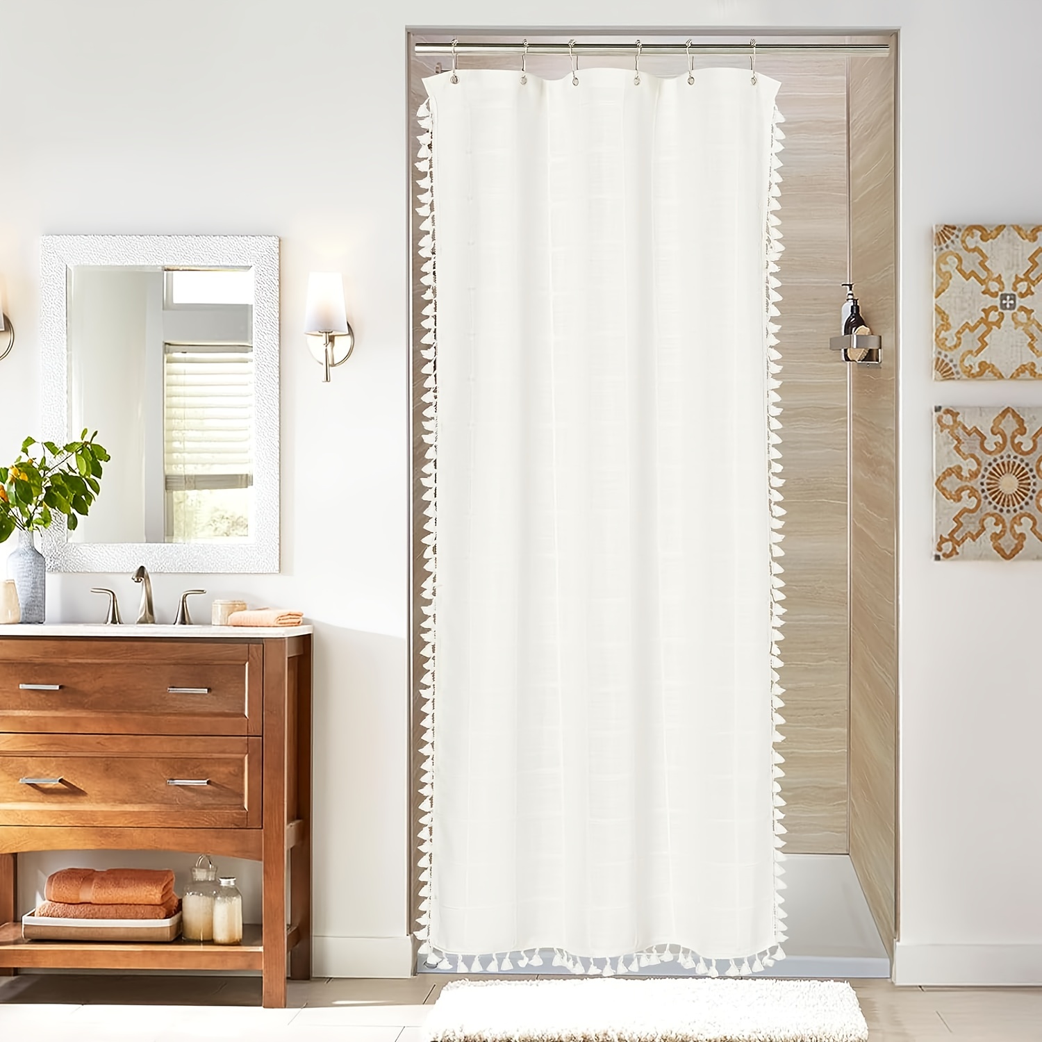 Boho Shower Curtains Cotton Linen Ultra Thick with Tassels and