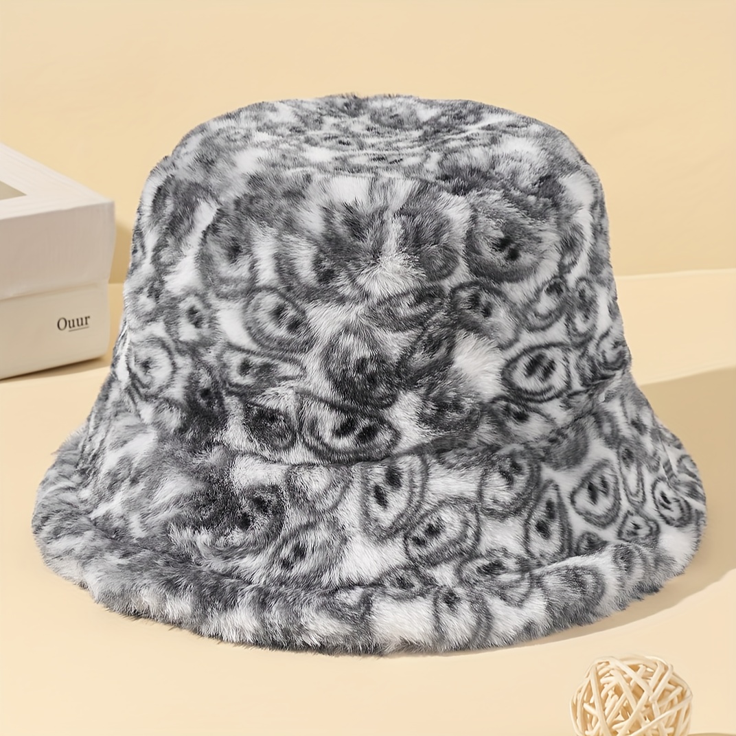 

1pc Unisex Trendy Imitation Rabbit Plush Bucket Hat With Large Brim, Double-sided Sun Hat For Outdoor Vacation Travel