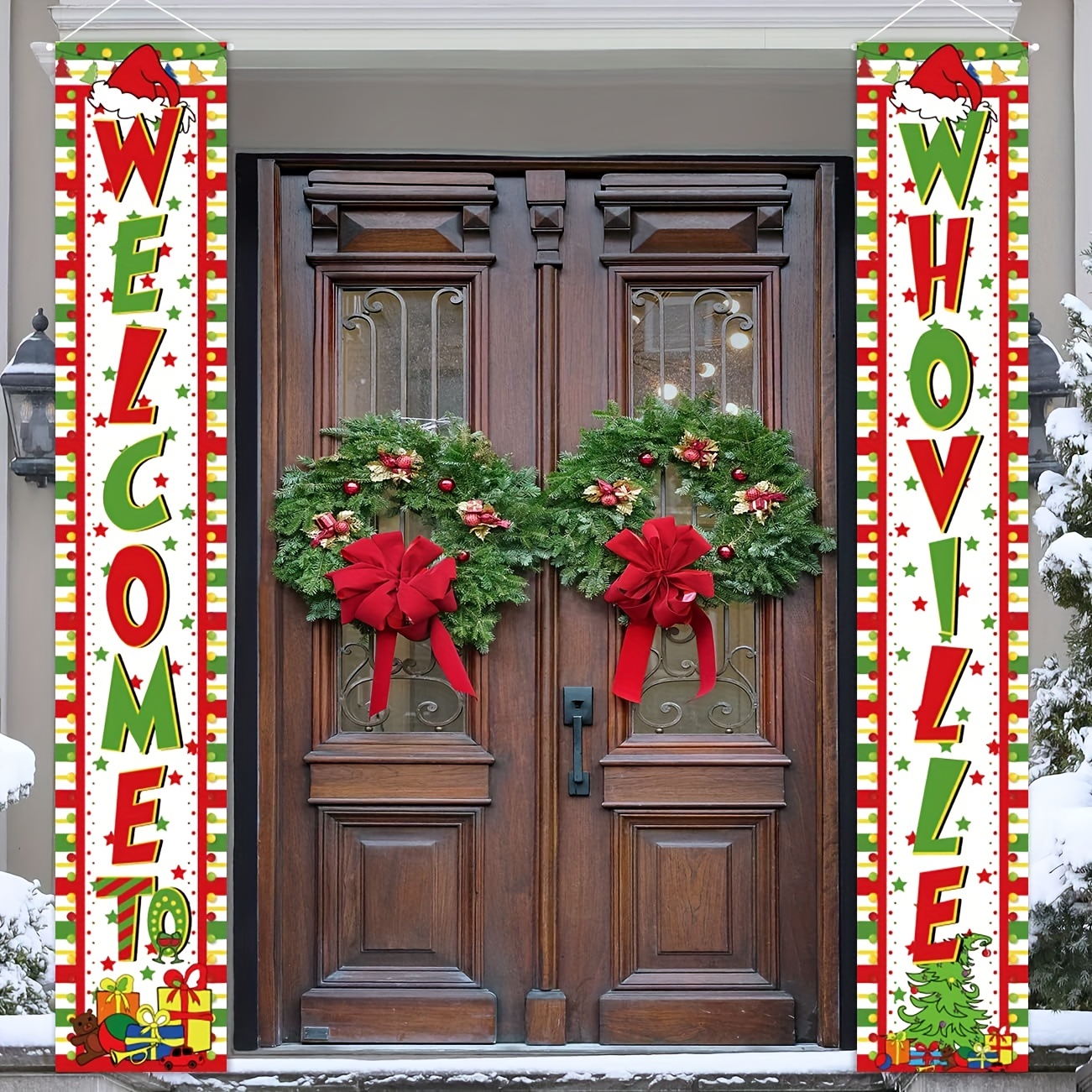 Grinch Christmas Door Cover Decorations Grinch Green Backdrop Merry  Christmas Porch Sign for Indoor Outside Front Door Party Supplies 