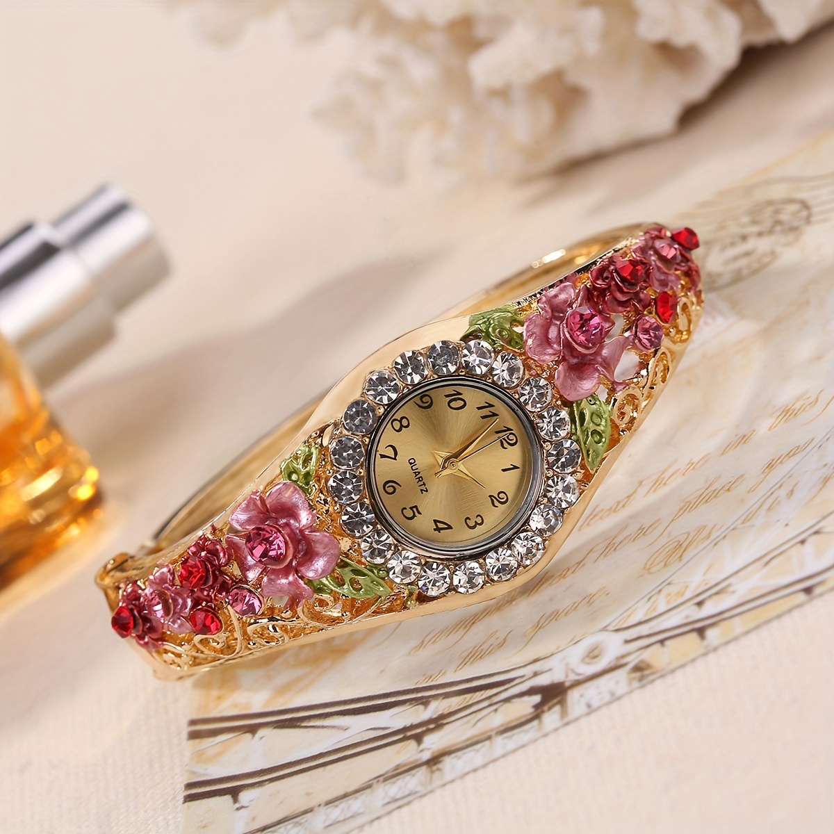 2pcs set womens watch vintage flower quartz bangle watch baroque rhinestone analog wrist watch necklace gift for mom her details 5