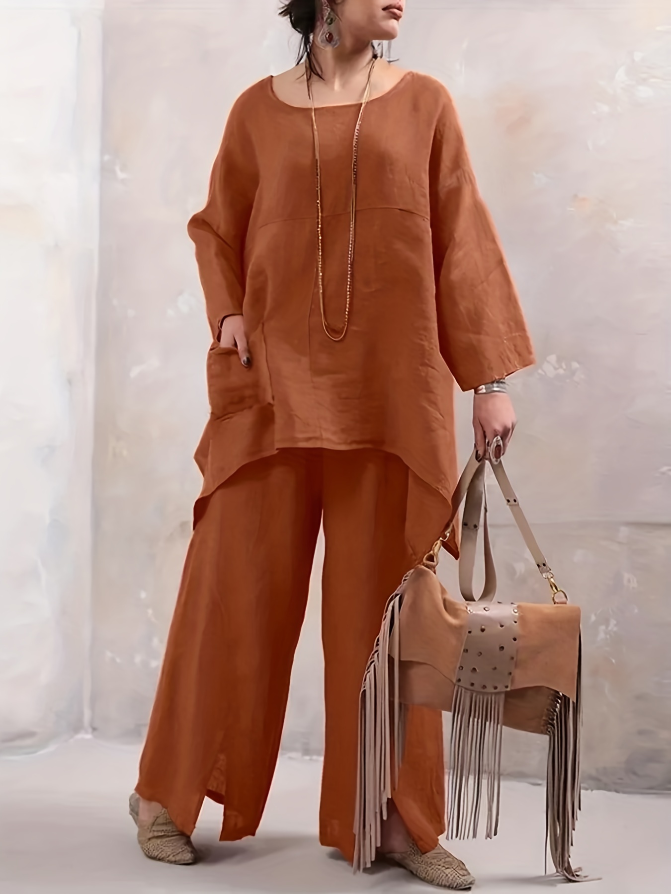 Plus Size Casual Outfits Set Women's Plus Plain Long Sleeve - Temu