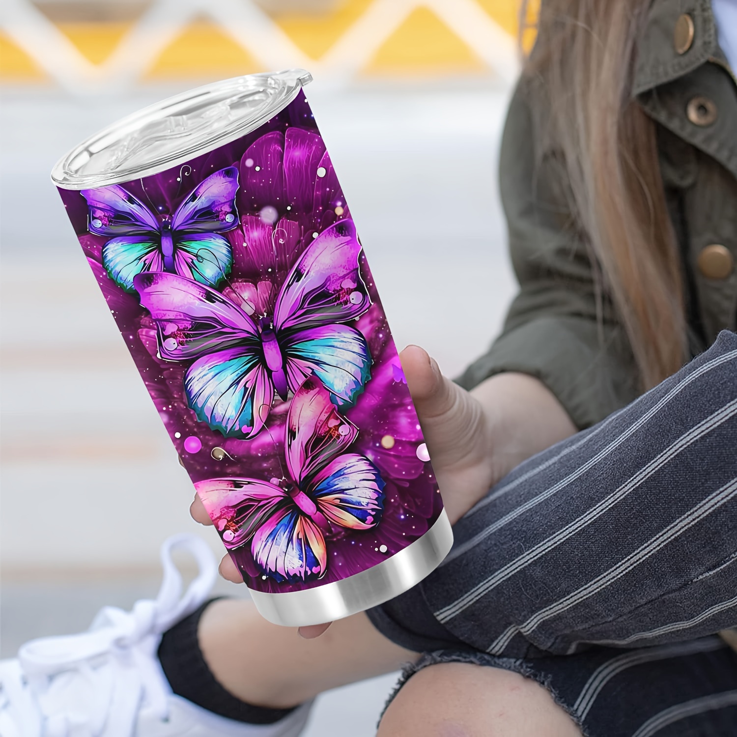 Purple Butterfly Tumbler Cup With Lid Stainless Steel Double - Temu